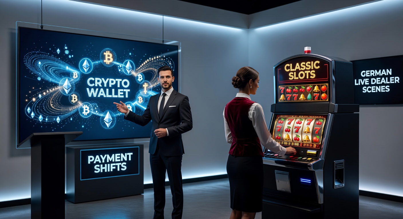 Grafik zeigt Krypto-Wallets und klassische Slot-Maschinen in Konflikt mit Live-Dealer-Tischen im Hintergrund